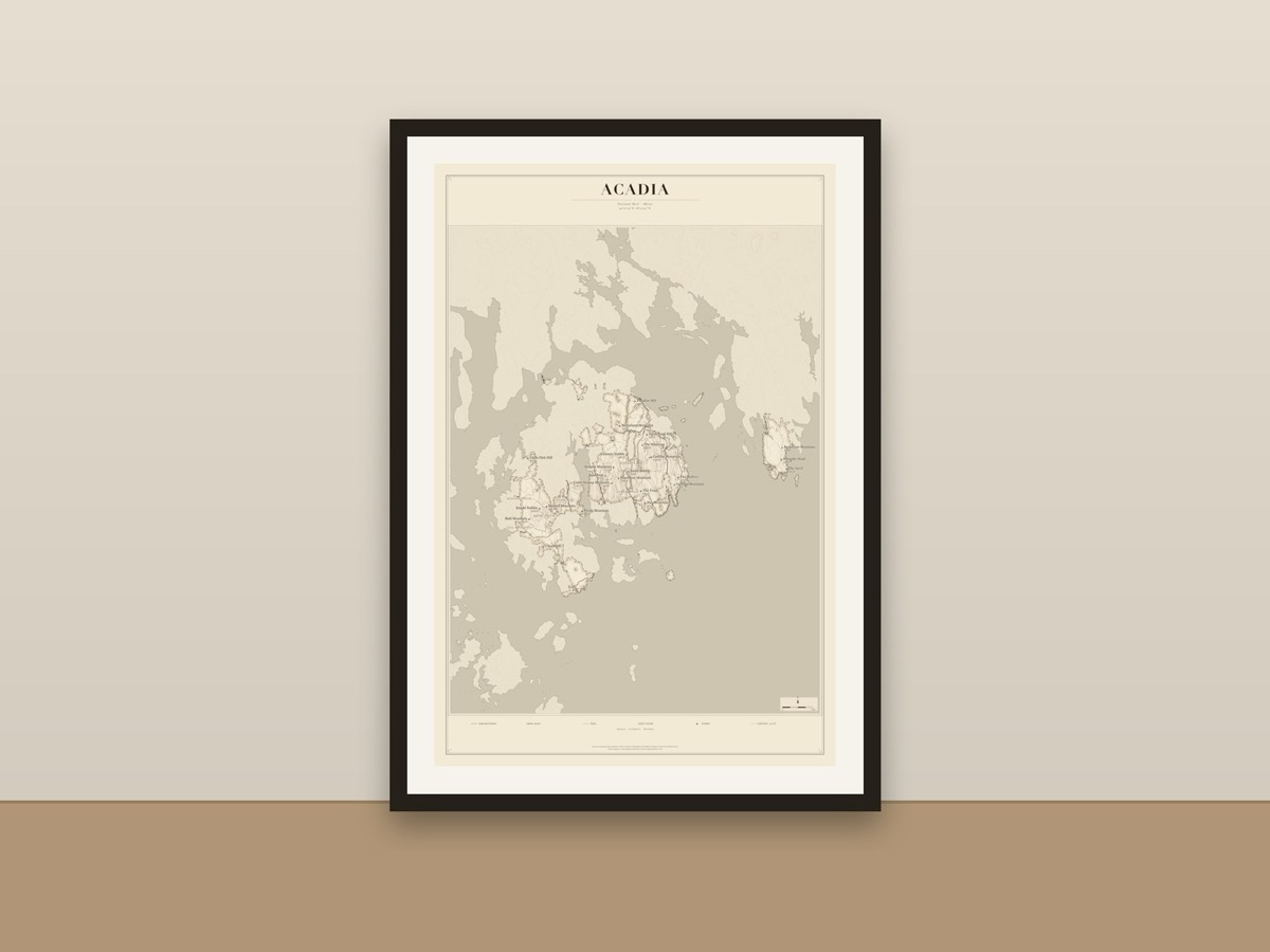 Acadia National Park Map Poster – Minimalist Trail Map framed on a wall