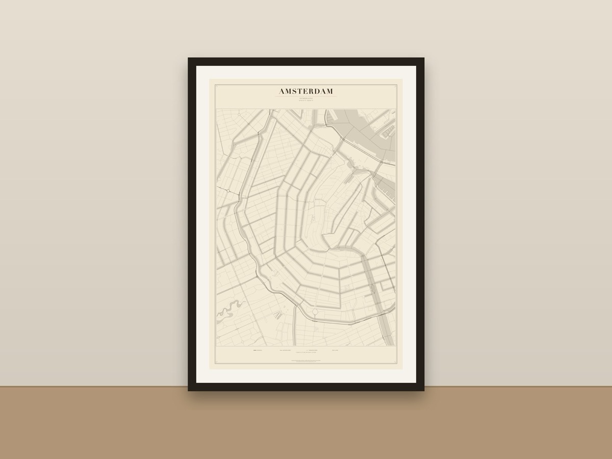 Amsterdam Street Map Poster – Minimalist Vintage City Map Print framed on a wall