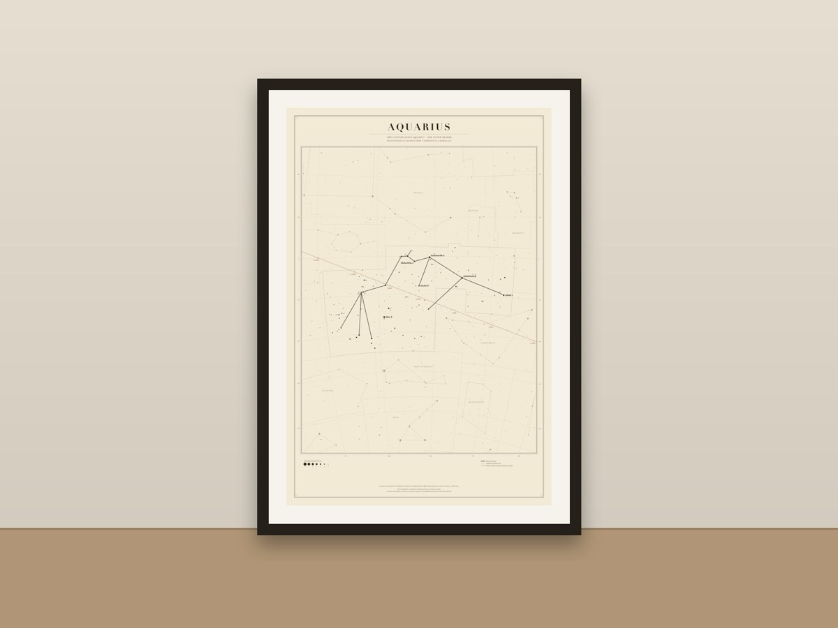 Aquarius Constellation Star Chart Poster – The Water-Bearer, Zodiac Star Map framed on a wall