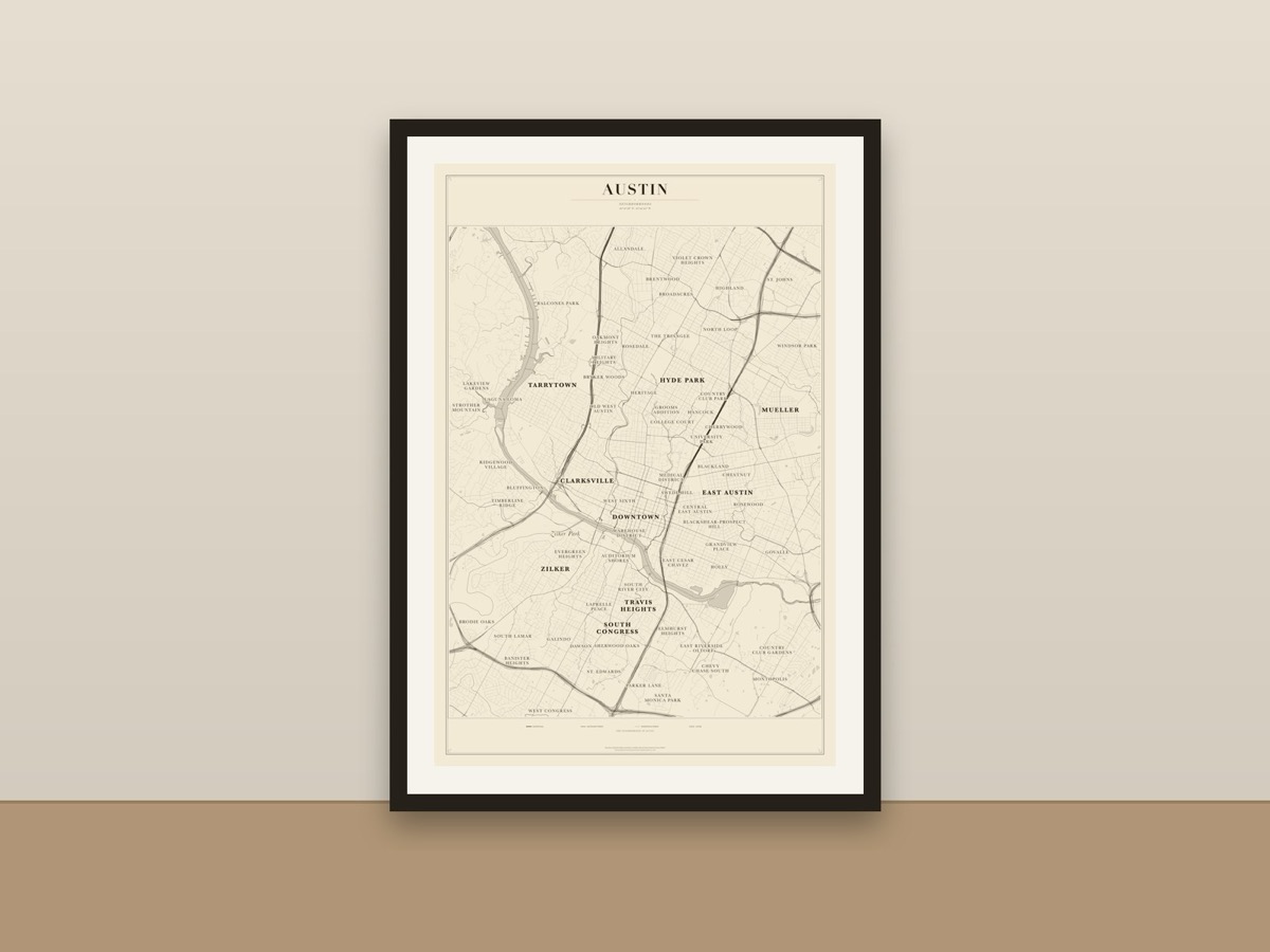 Austin Neighborhood Map Poster – Minimalist Austin Neighborhoods Print