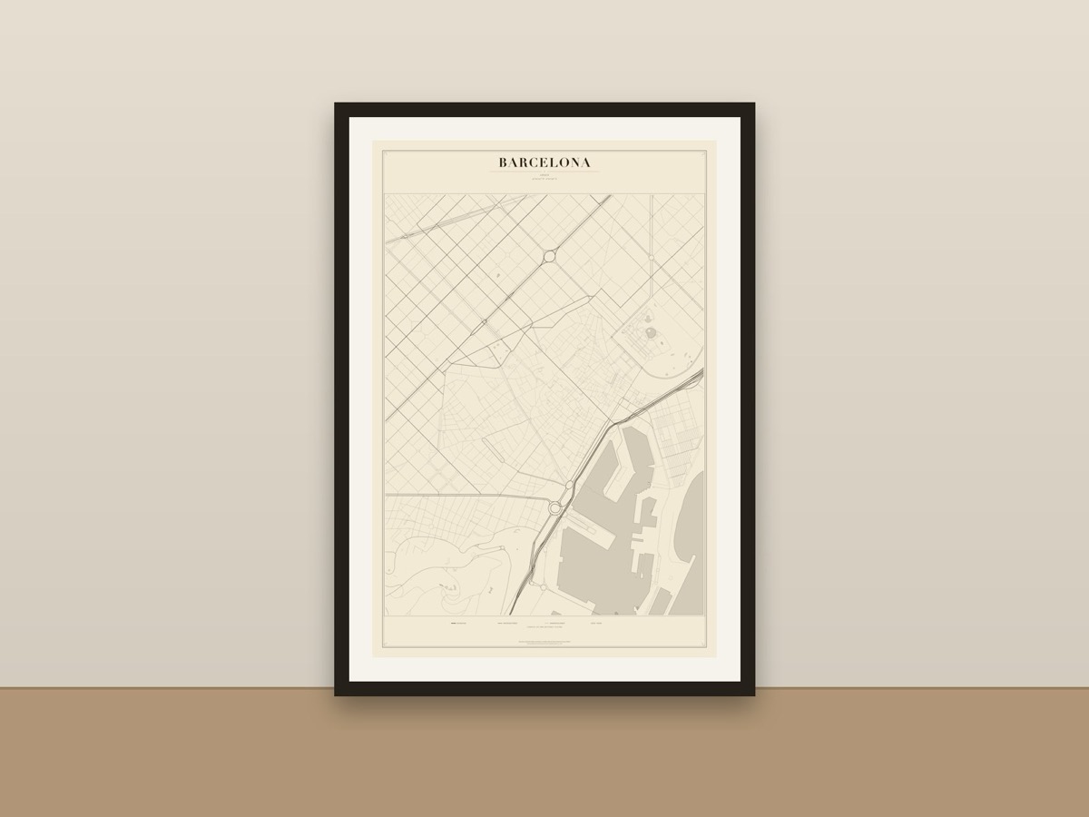 Barcelona Street Map Poster – Minimalist Vintage City Map Print framed on a wall