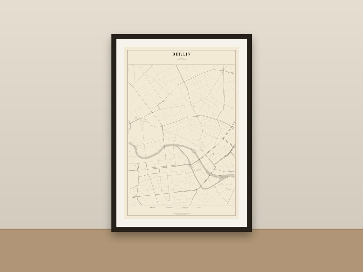Berlin Street Map Poster – Minimalist Vintage City Map Print framed on a wall