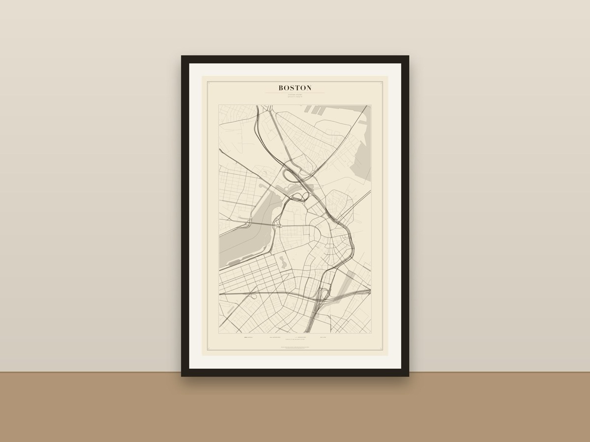 Boston Street Map Poster – Minimalist Vintage City Map Print framed on a wall
