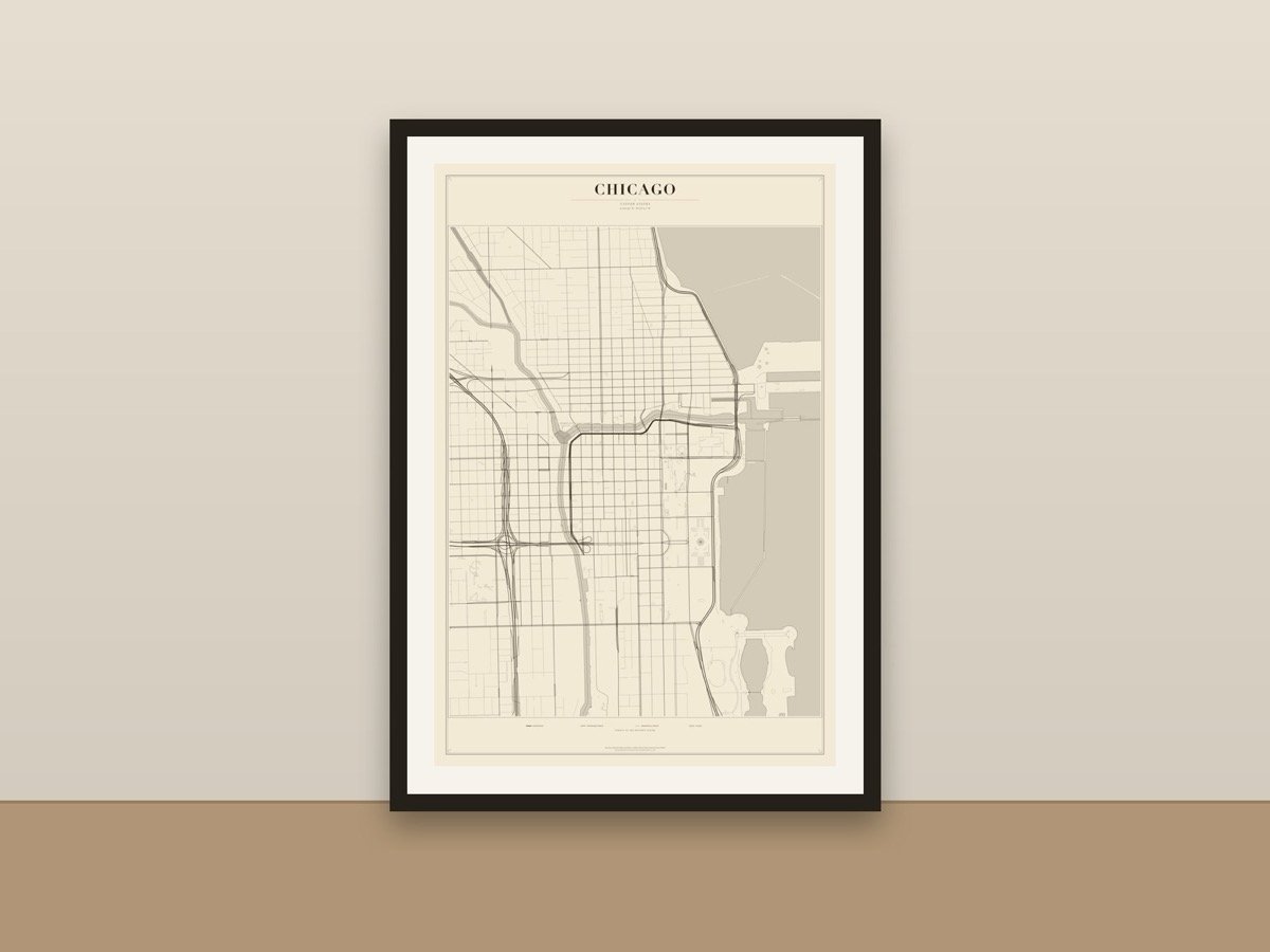 Chicago Street Map Poster – Minimalist Vintage City Map Print framed on a wall