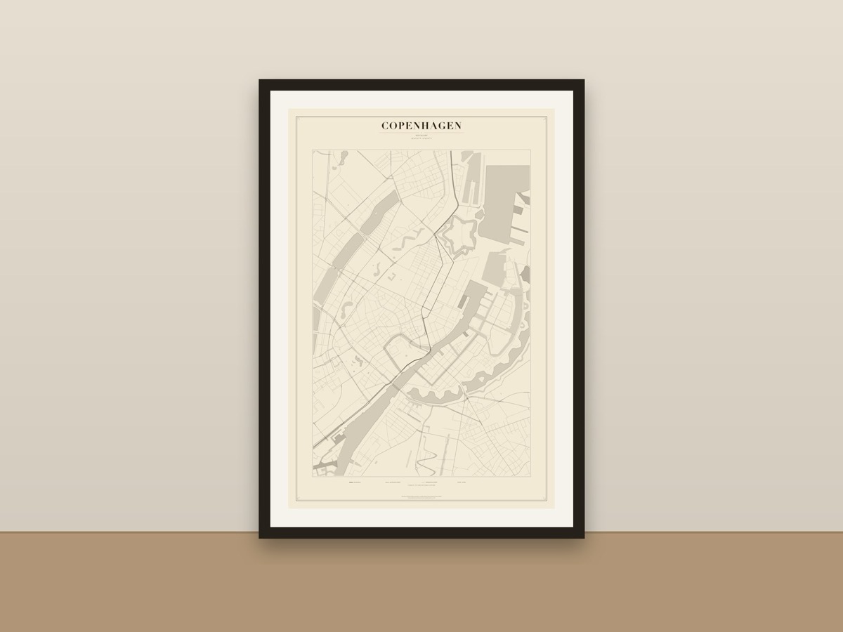 Copenhagen Street Map Poster – Minimalist Vintage City Map Print framed on a wall