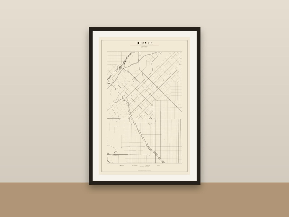 Denver Street Map Poster – Minimalist Vintage City Map Print framed on a wall