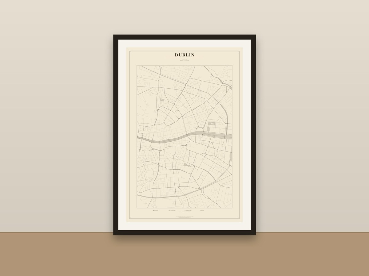 Dublin Street Map Poster – Minimalist Vintage City Map Print framed on a wall