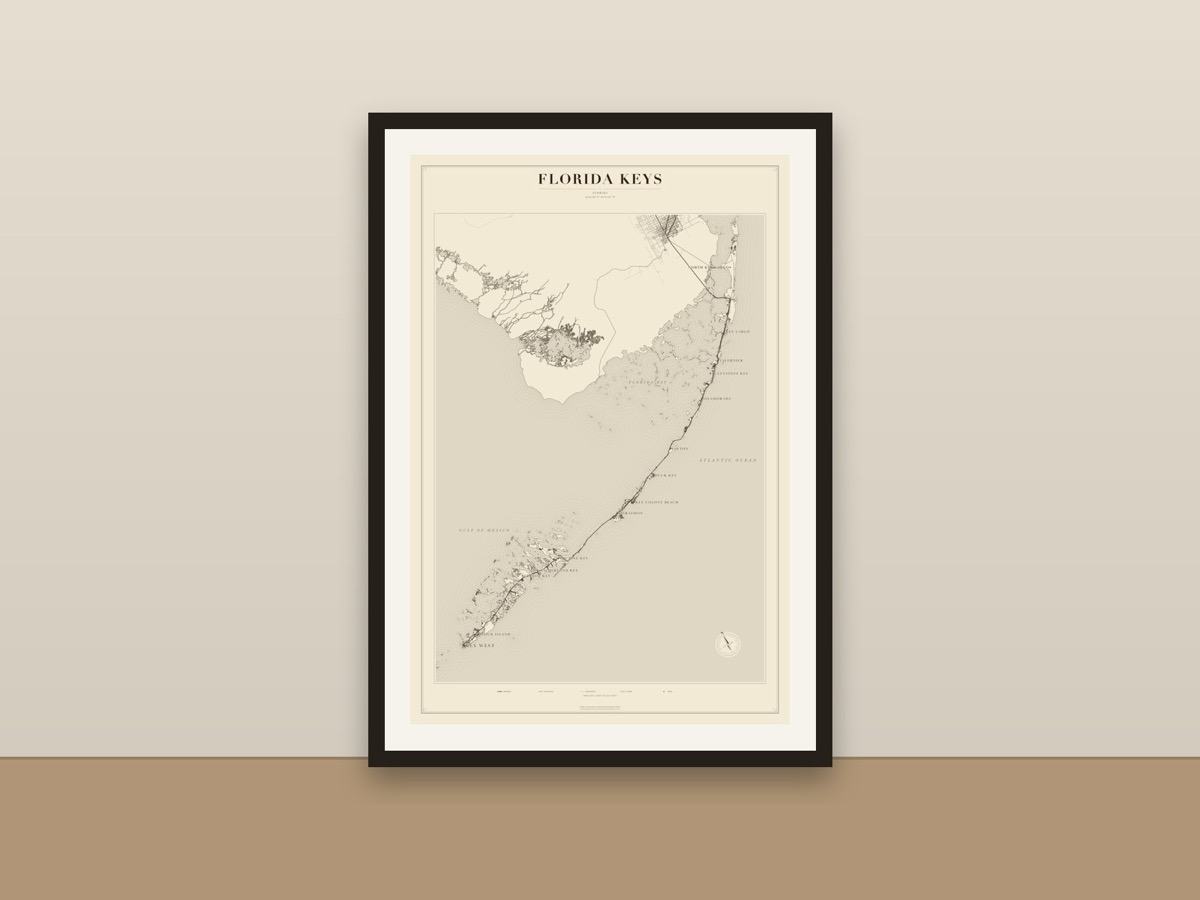 Florida Keys Map Poster – Minimalist Florida Keys Coastline Print framed on a wall