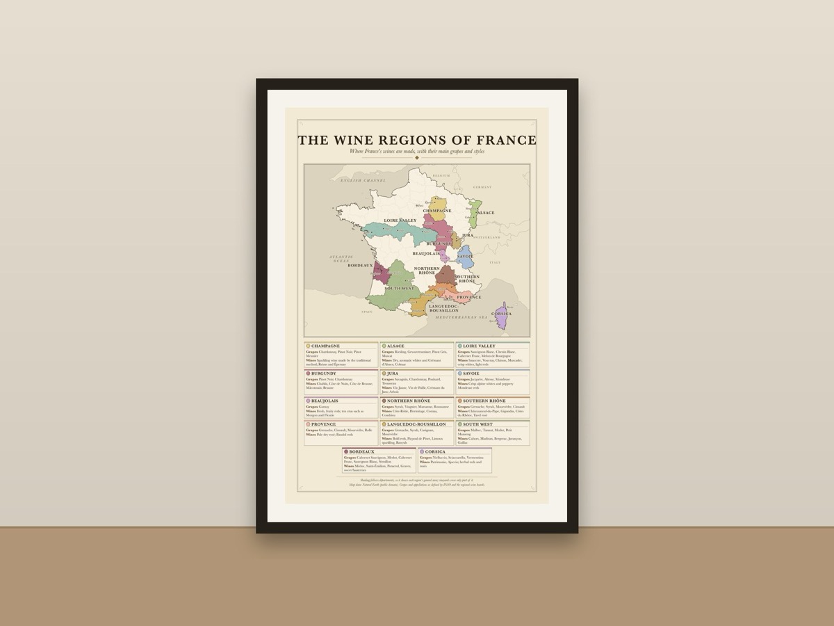 France Wine Regions Poster – French Wine Map with Grapes Reference Print framed on a wall