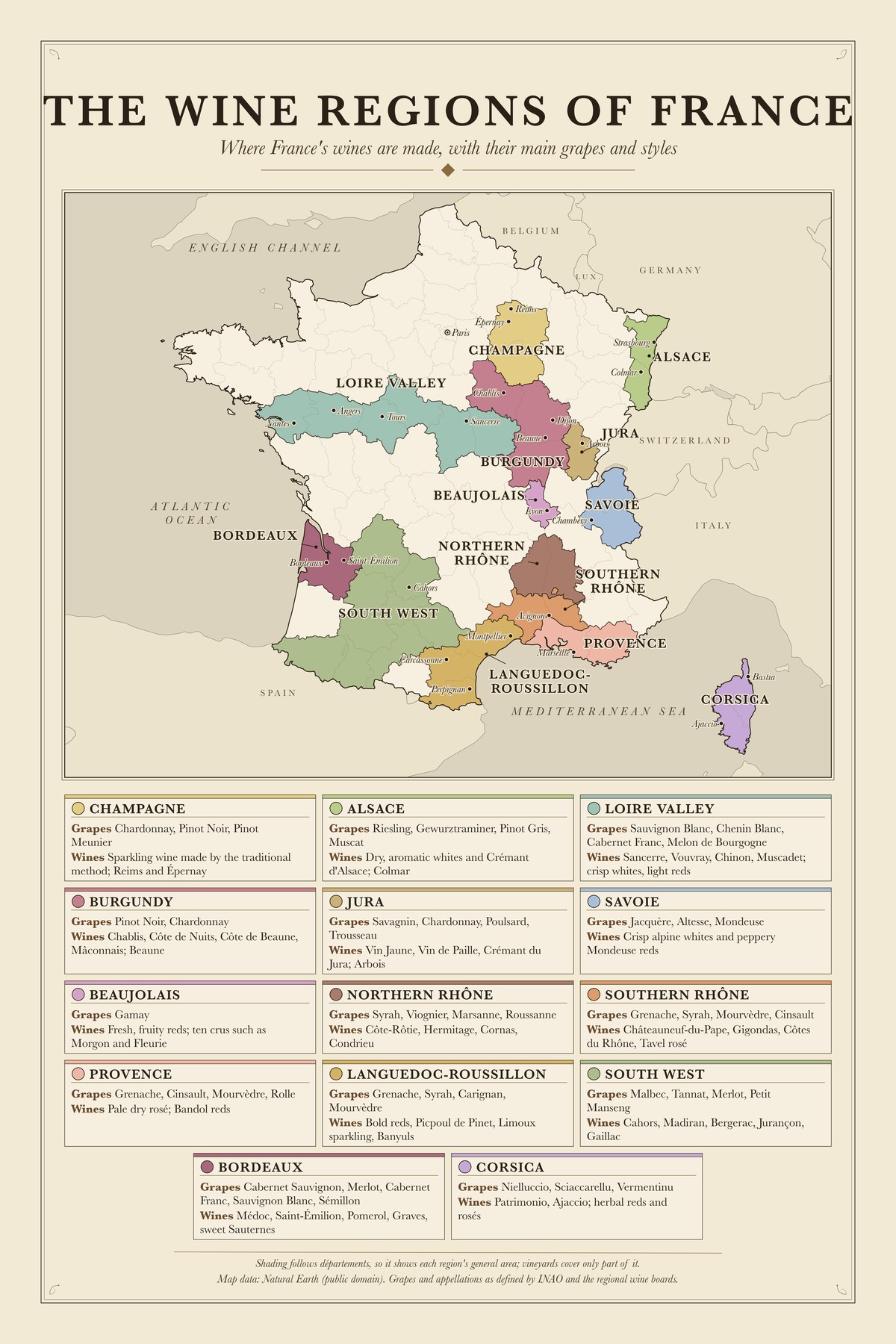 The Wine Regions Of France chart: Where France's wines are made, with their main grapes and styles
