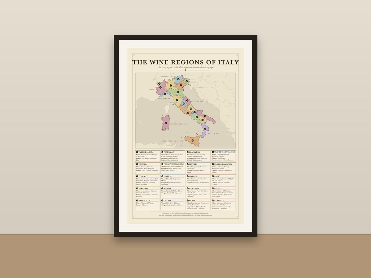 Italy Wine Regions Poster – Italian Wine Map with Grapes Reference Print framed on a wall