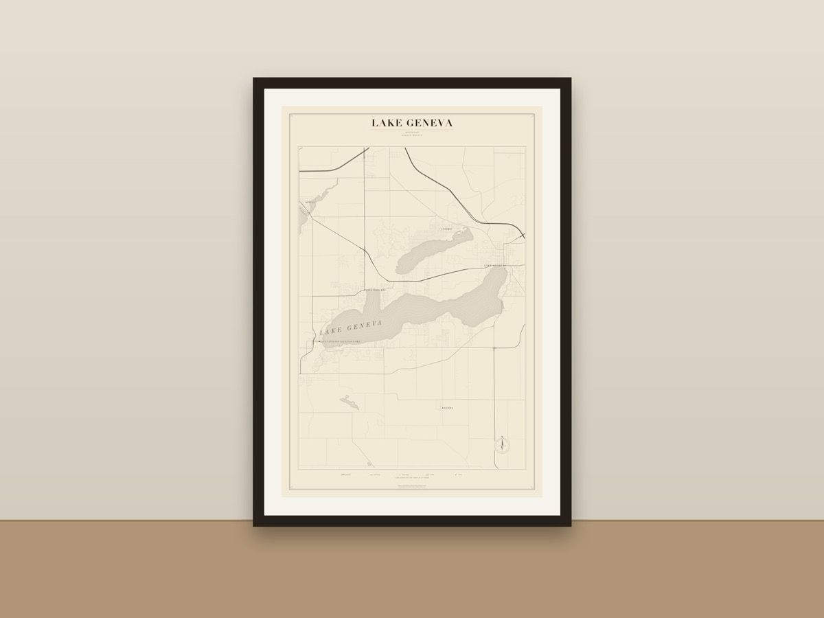 Lake Geneva Map Poster – Minimalist Lake Map Print framed on a wall