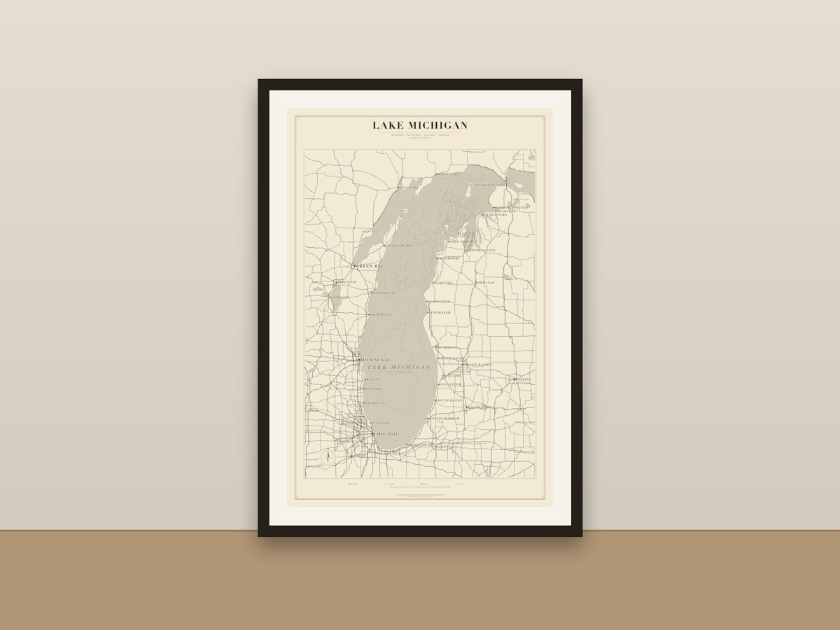 Lake Michigan Map Poster – Minimalist Lake Map Print framed on a wall