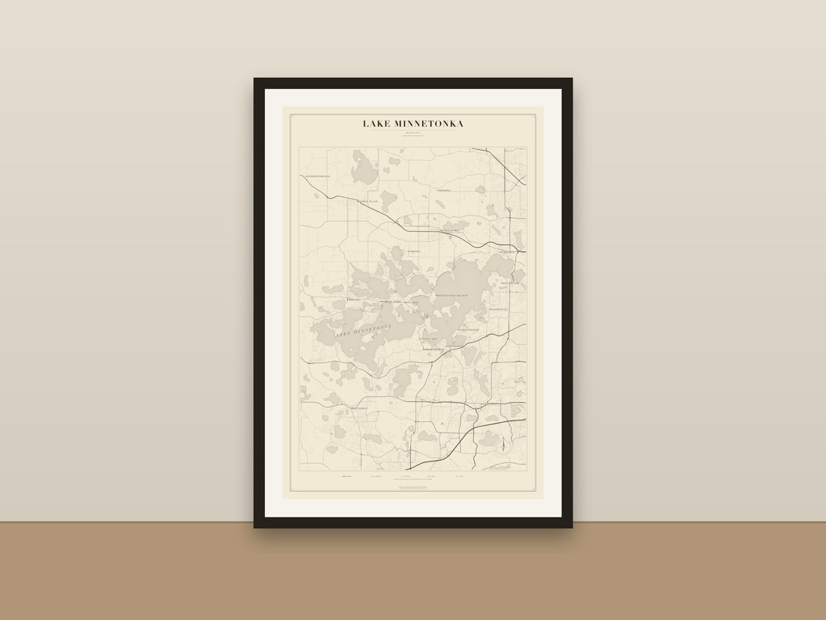 Lake Minnetonka Map Poster – Minimalist Lake Map Print framed on a wall
