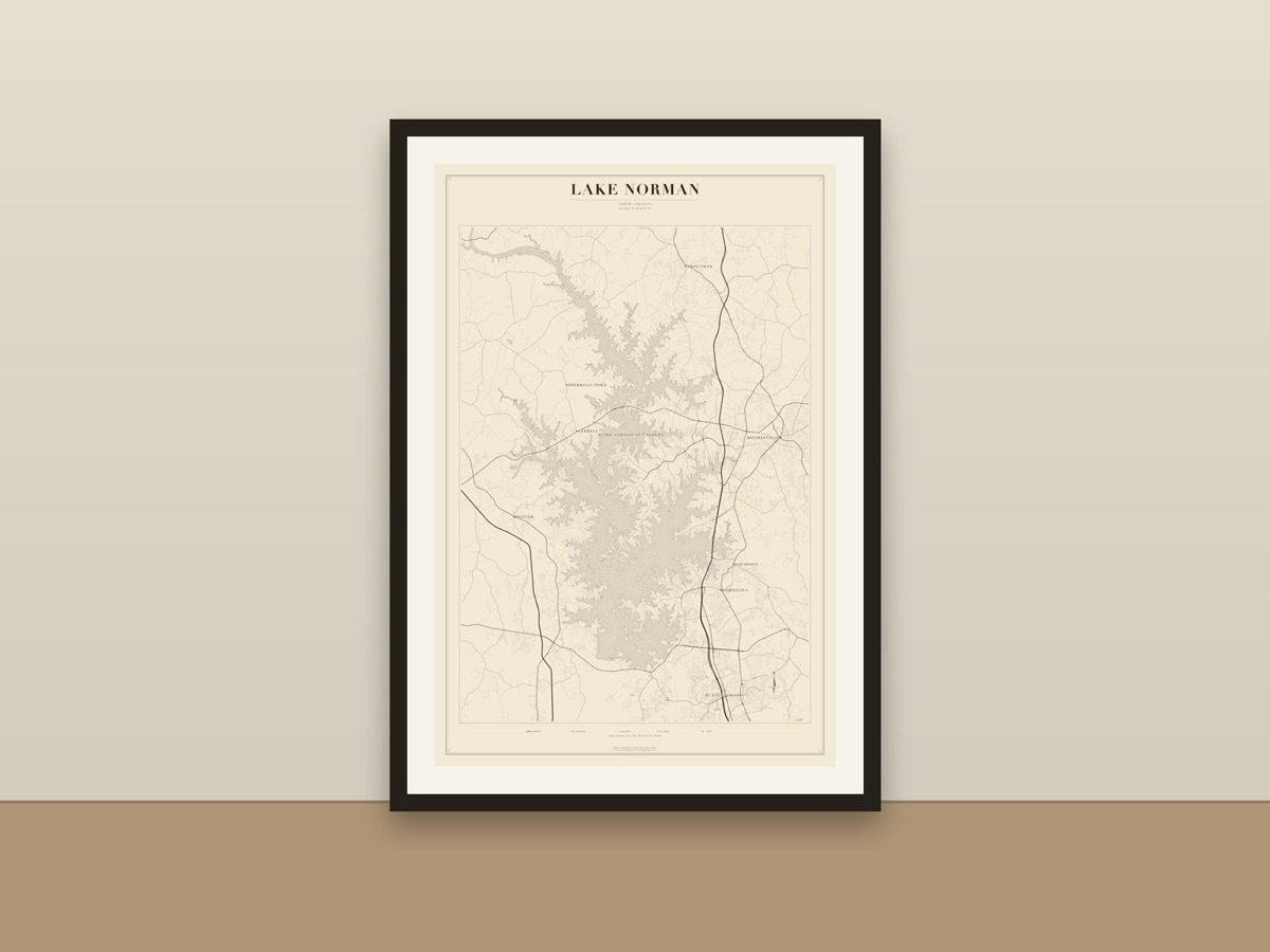Lake Norman Map Poster – Minimalist Lake Map Print framed on a wall