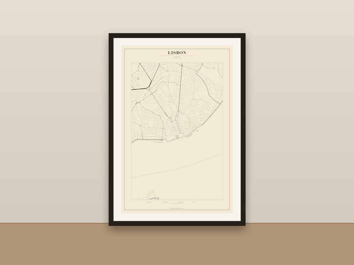 Lisbon Street Map Poster – Minimalist Vintage City Map Print framed on a wall
