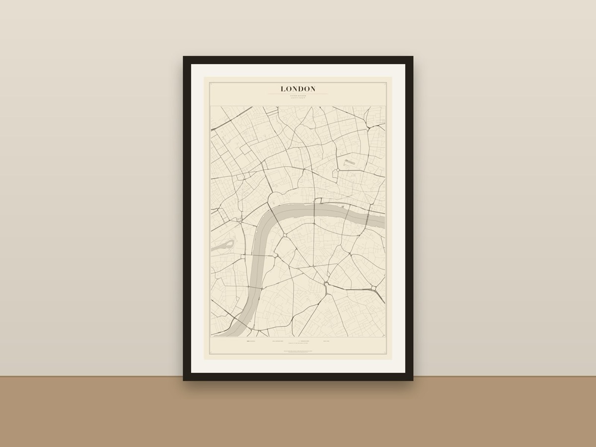 London Street Map Poster – Minimalist Vintage City Map Print framed on a wall