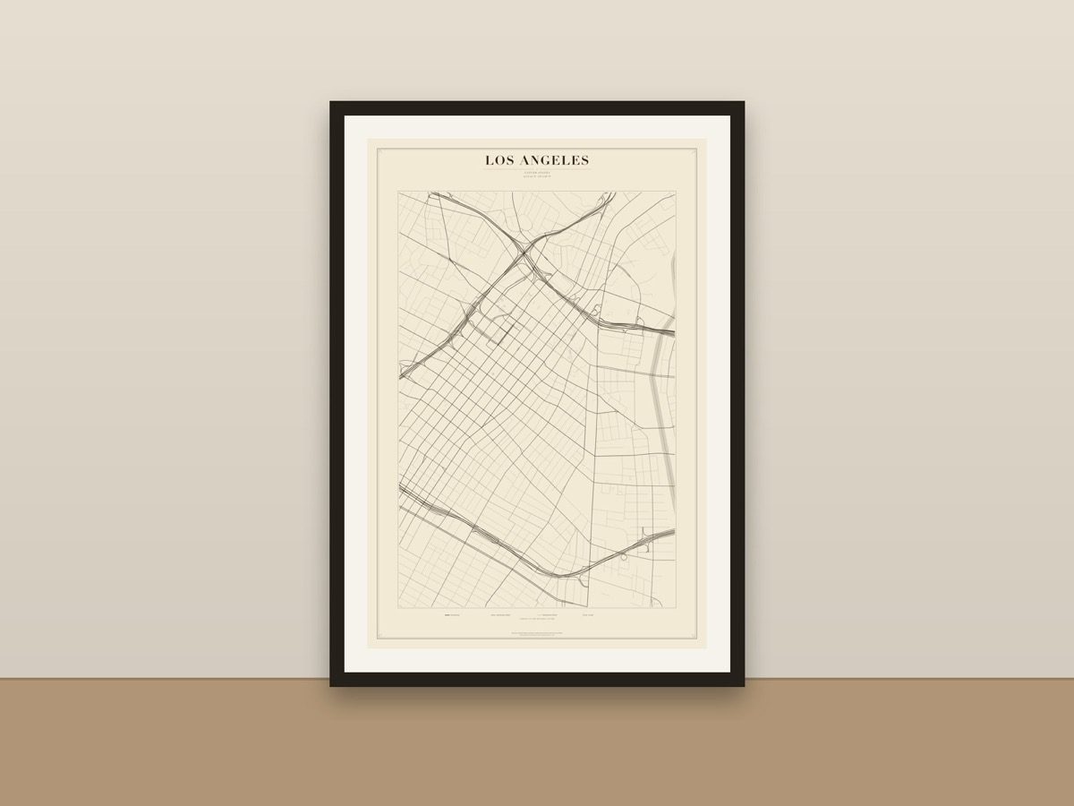 Los Angeles Street Map Poster – Minimalist Vintage City Map Print framed on a wall
