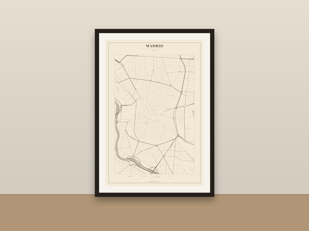 Madrid Street Map Poster – Minimalist Vintage City Map Print framed on a wall