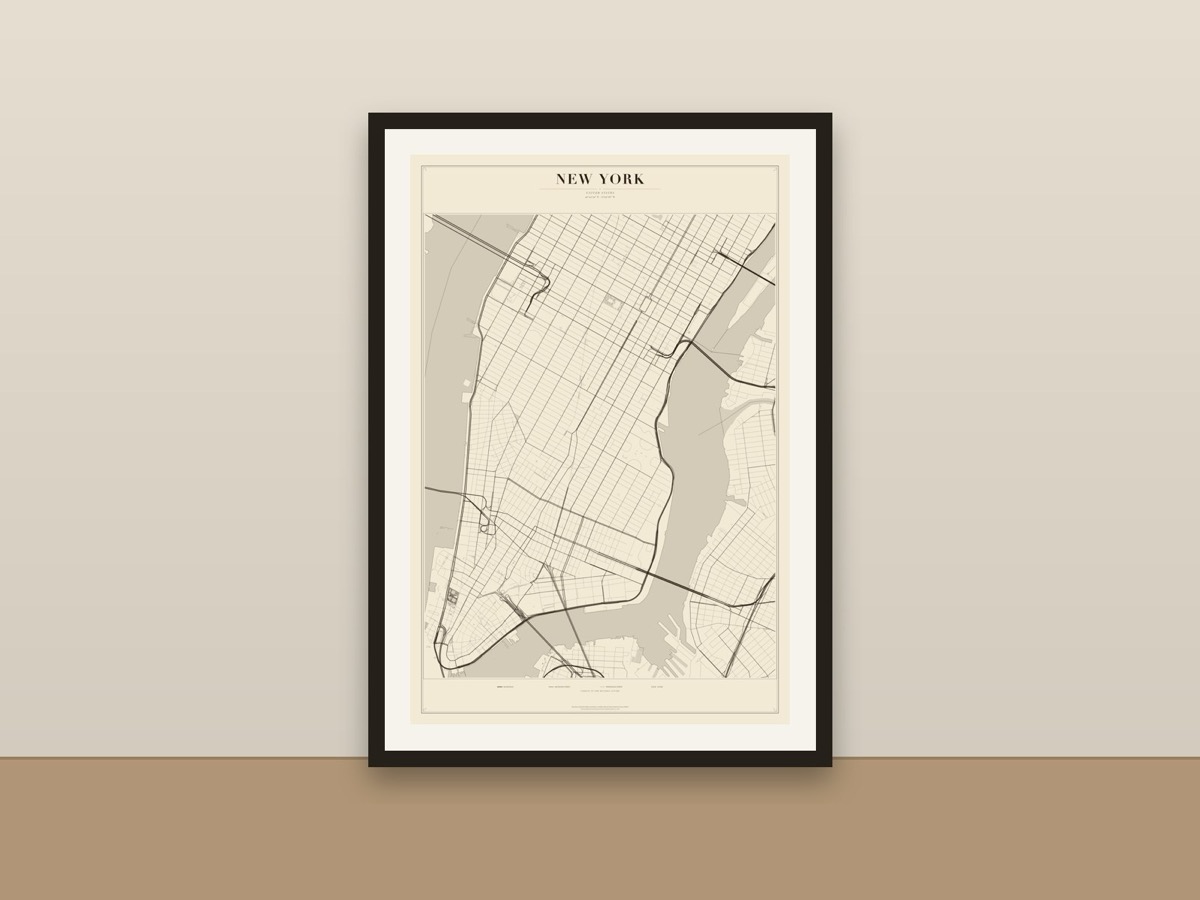 New York City Street Map Poster – Minimalist Vintage City Map Print framed on a wall