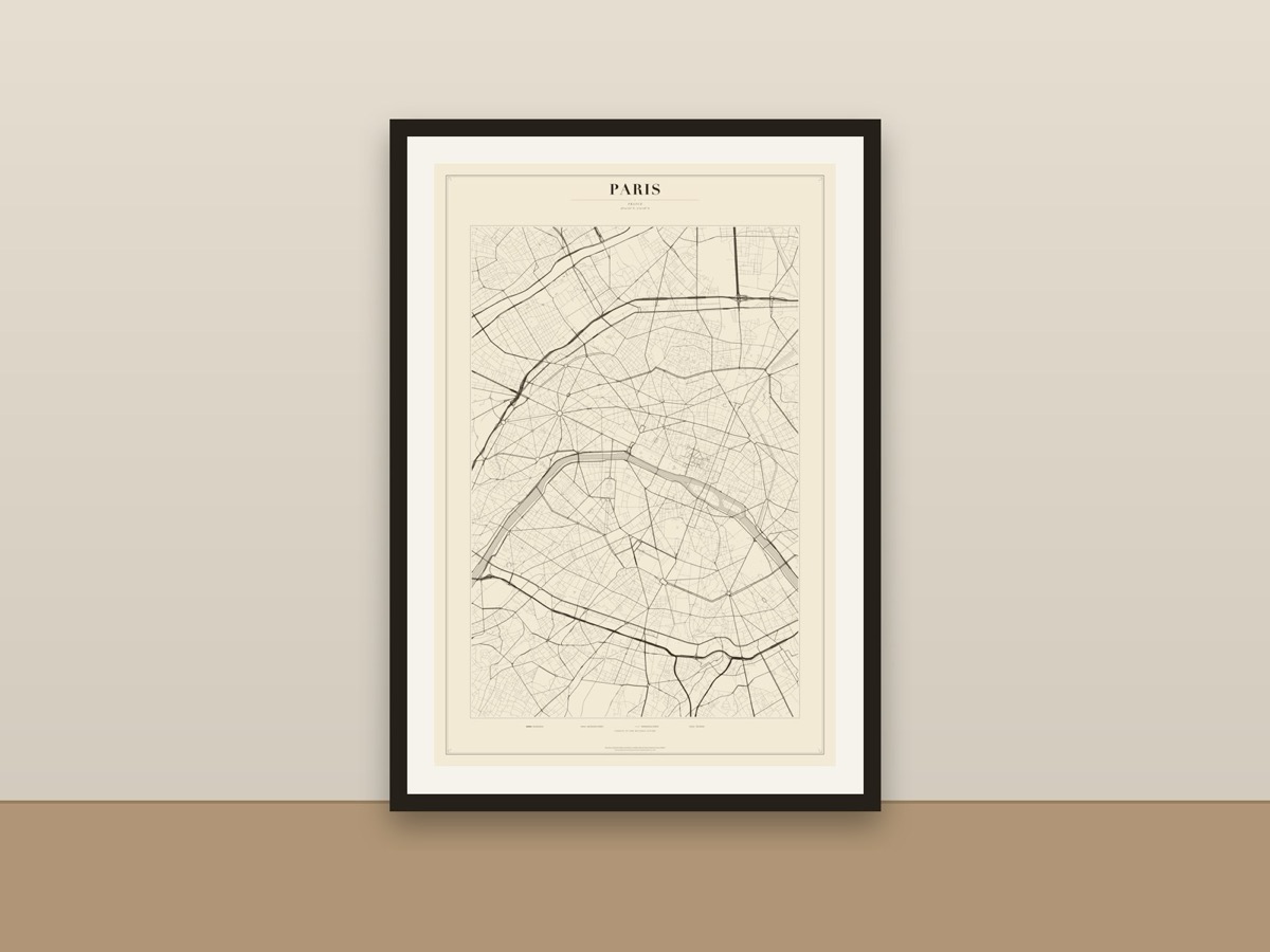 Paris Street Map Poster – Minimalist Vintage City Map Print framed on a wall