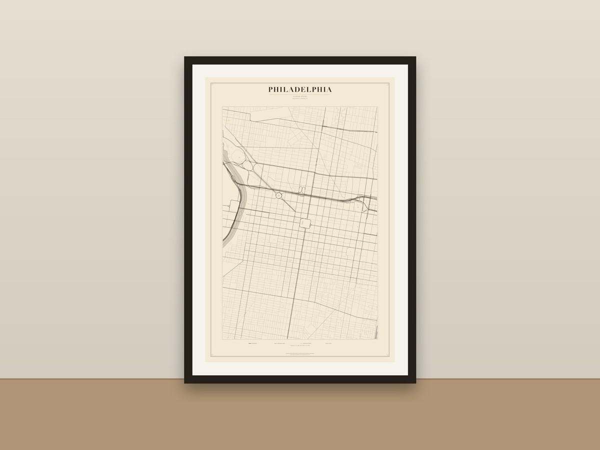 Philadelphia Street Map Poster – Minimalist Vintage City Map Print framed on a wall