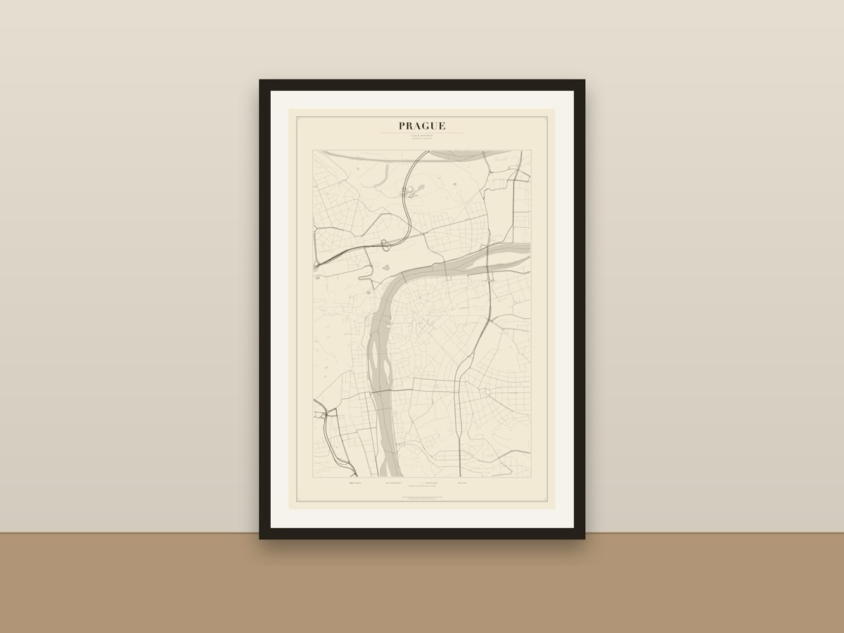 Prague Street Map Poster – Minimalist Vintage City Map Print framed on a wall