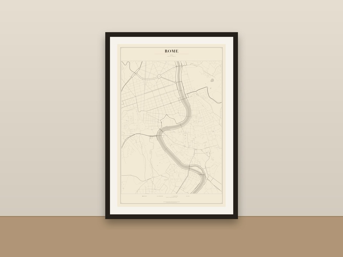 Rome Street Map Poster – Minimalist Vintage City Map Print framed on a wall