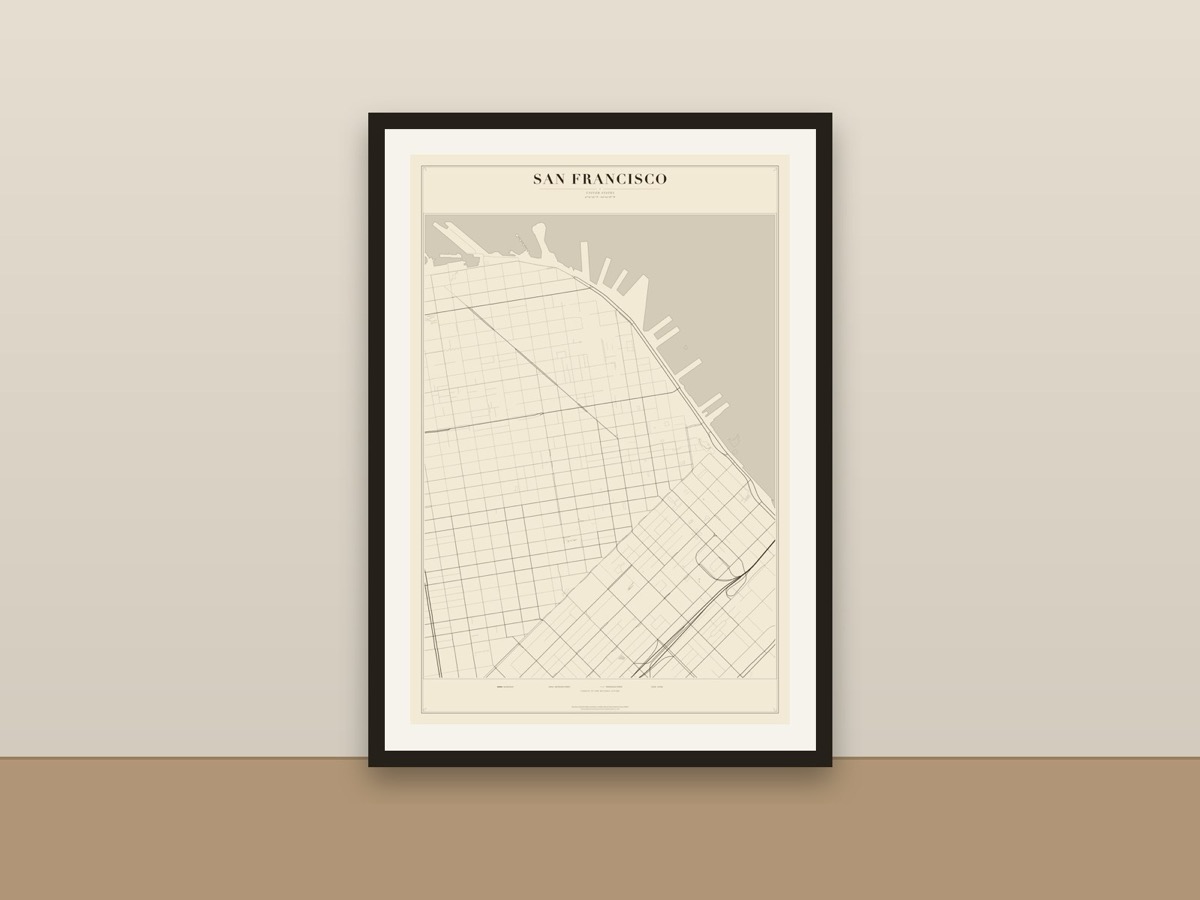 San Francisco Street Map Poster – Minimalist Vintage City Map Print framed on a wall