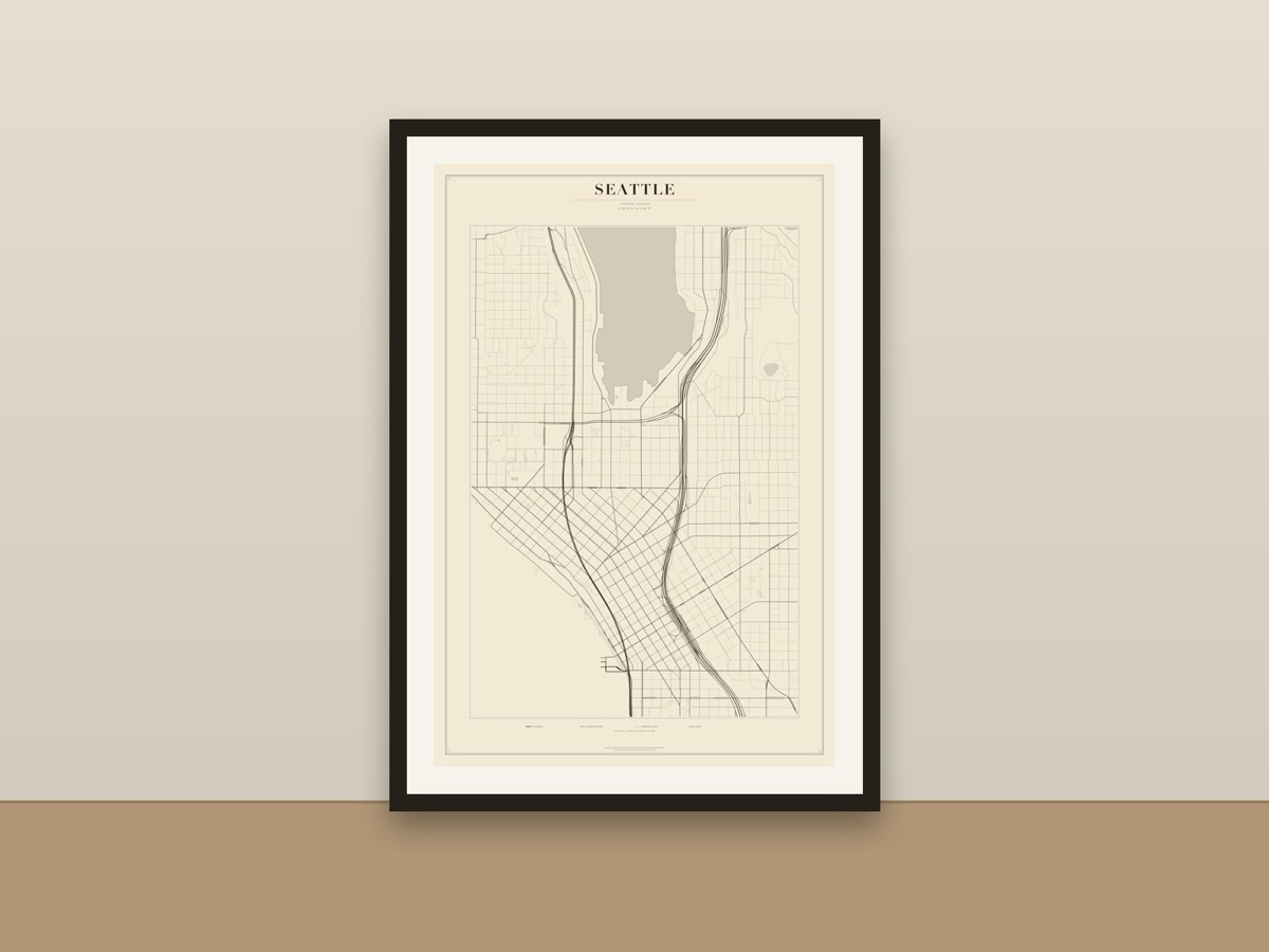 Seattle Street Map Poster – Minimalist Vintage City Map Print framed on a wall