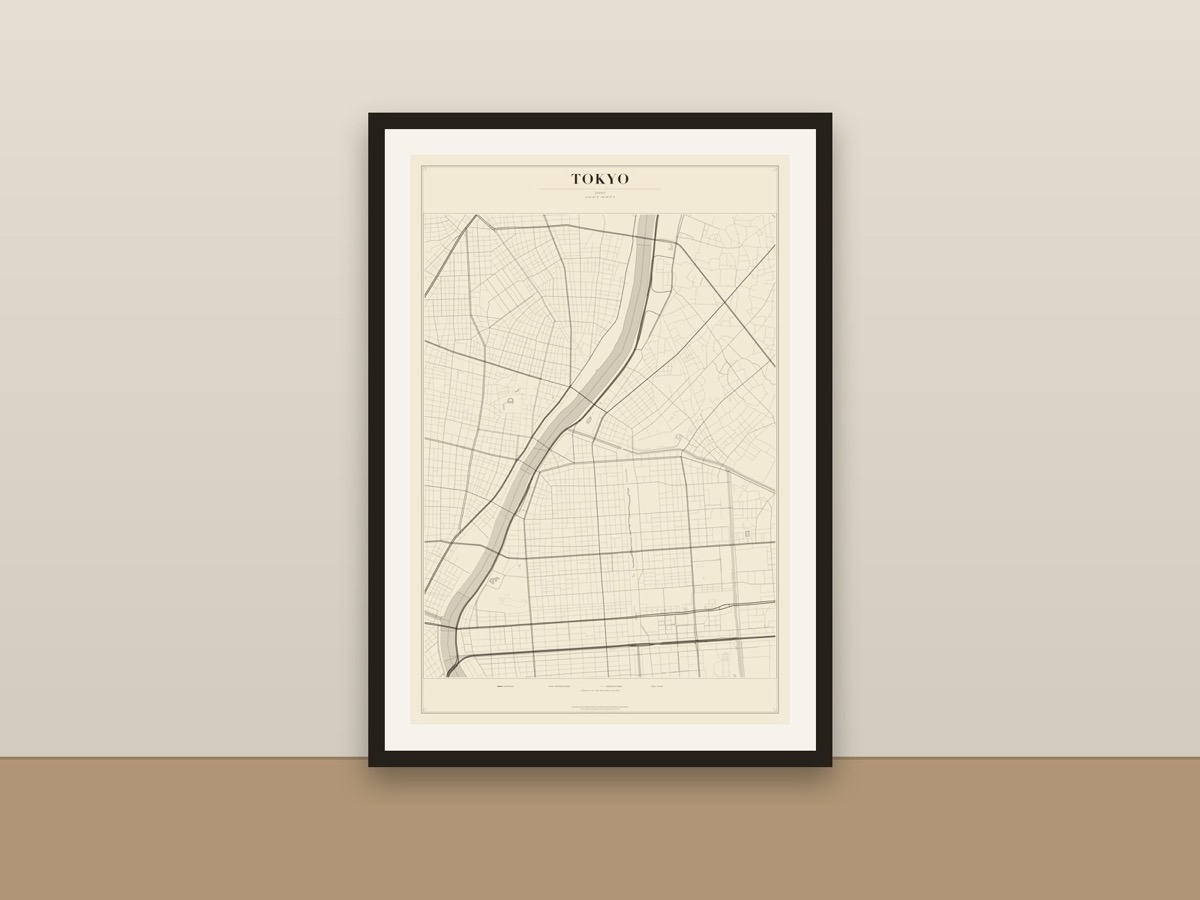 Tokyo Street Map Poster – Minimalist Vintage City Map Print framed on a wall