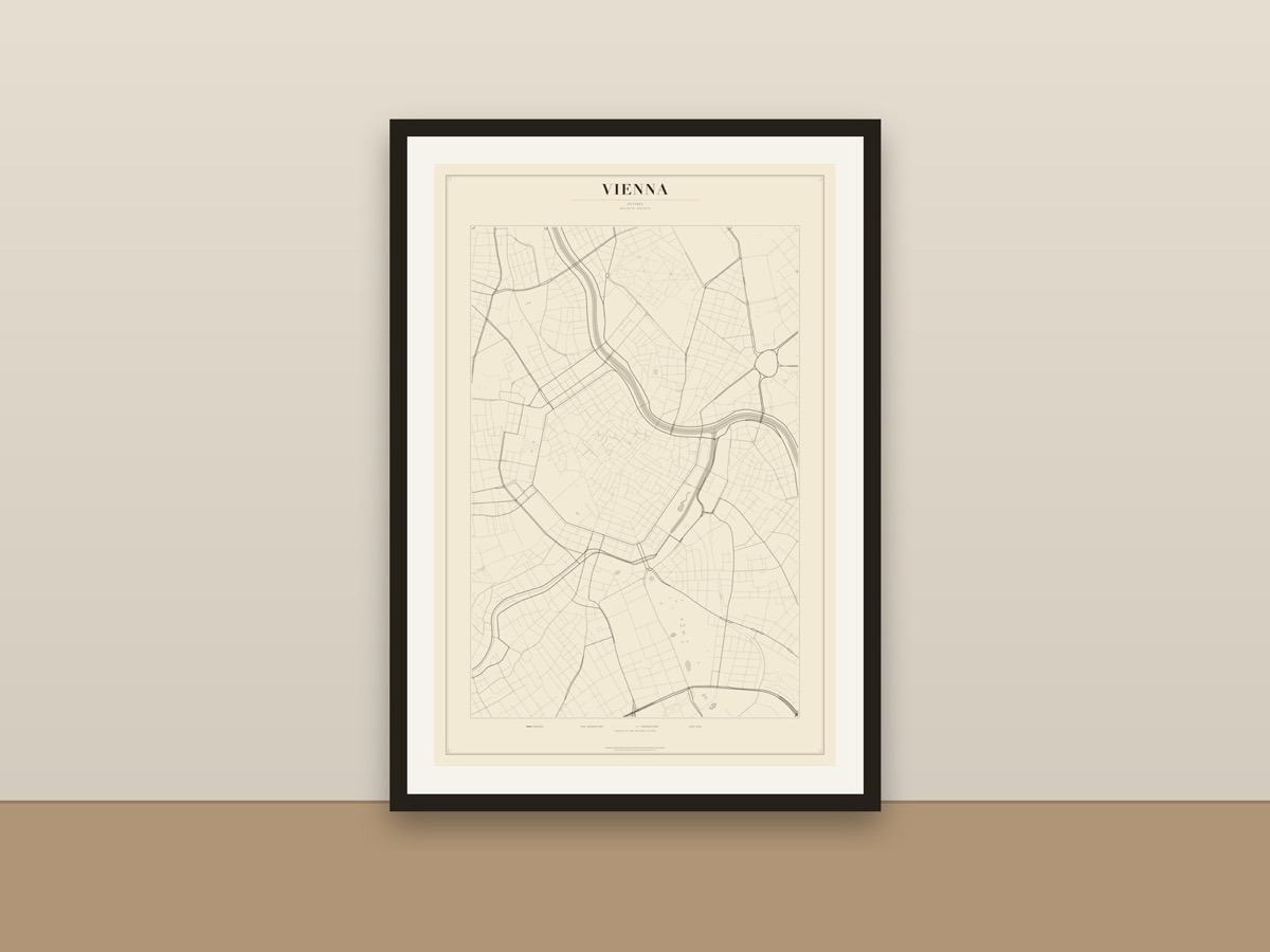 Vienna Street Map Poster – Minimalist Vintage City Map Print framed on a wall