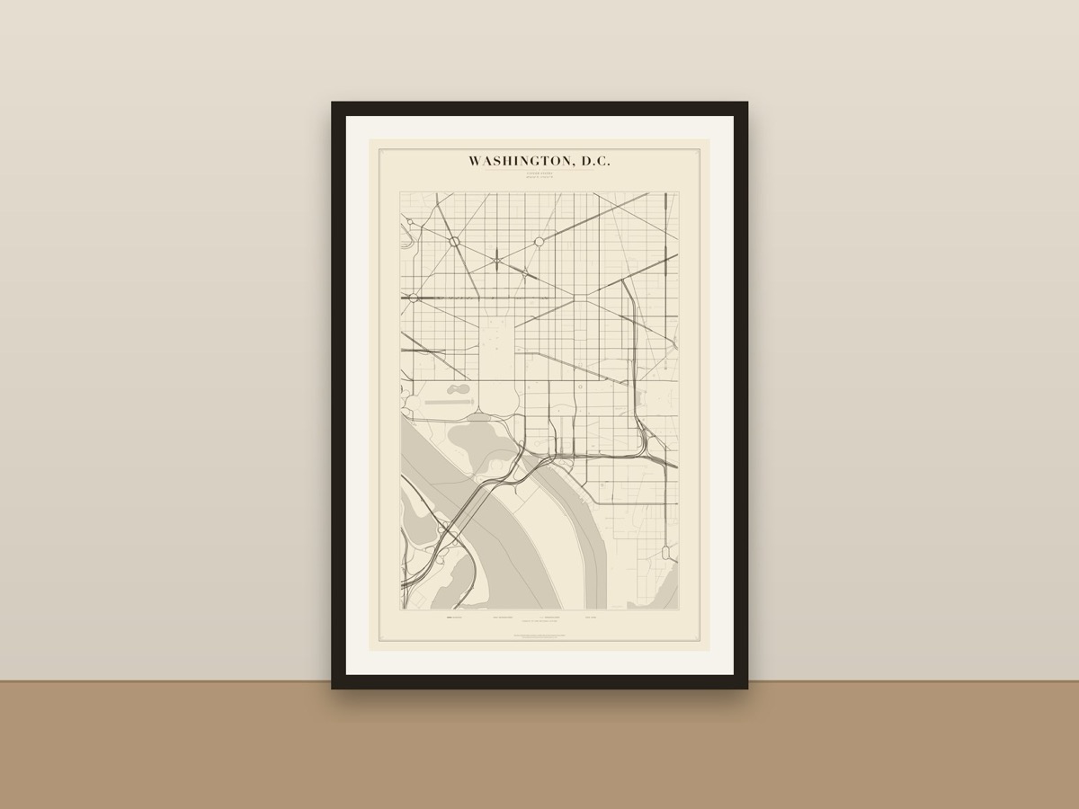 Washington DC Street Map Poster – Minimalist Vintage City Map Print framed on a wall