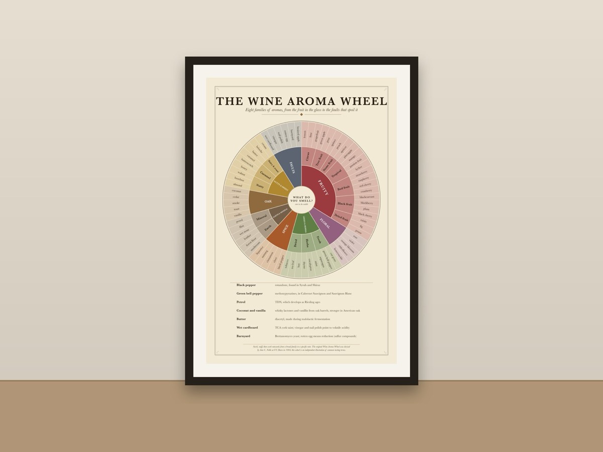 Wine Aroma Wheel Poster – Wine Tasting Flavor Wheel Reference Print framed on a wall